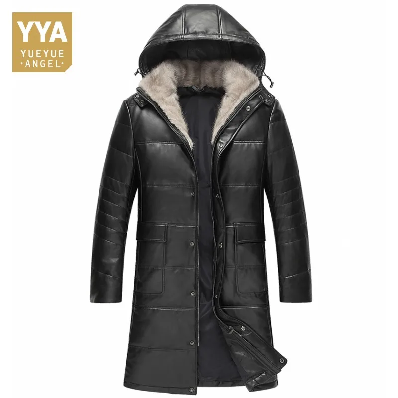

100% Sheepskin Coat For Men Long Mens Genuine Leather Jacket Fur Collar Jackets Winter Thicken Zip Overcoat Large Size Coats 5XL