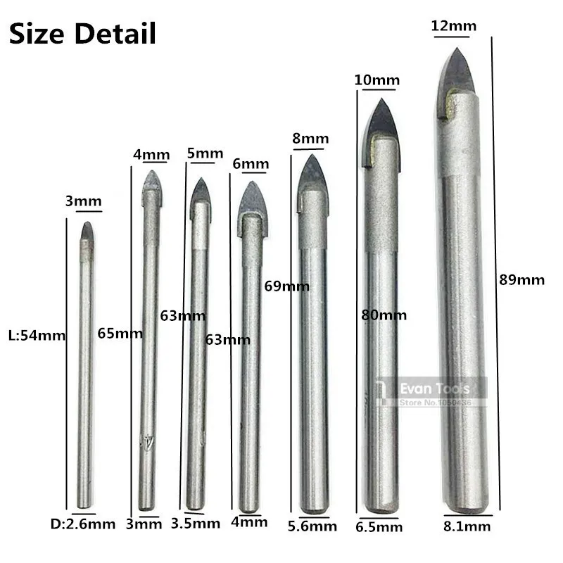 Binoax 7 шт. Стекло Мрамор фарфор пикообразная головка Керамика плитка Сверла Набор Лопата сверло 3/4/5/6/8/10/12 мм
