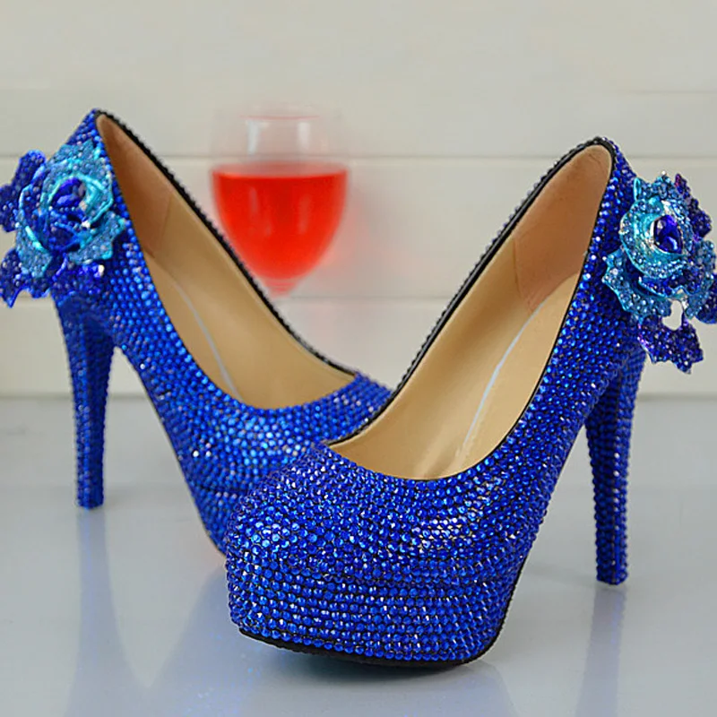 

2016 Handmade Round Toe Slip-on High Heel Stilettos Prom Party Pumps Fashion Royle Blue Rhinestone Wedding Shoes Plus Size 12