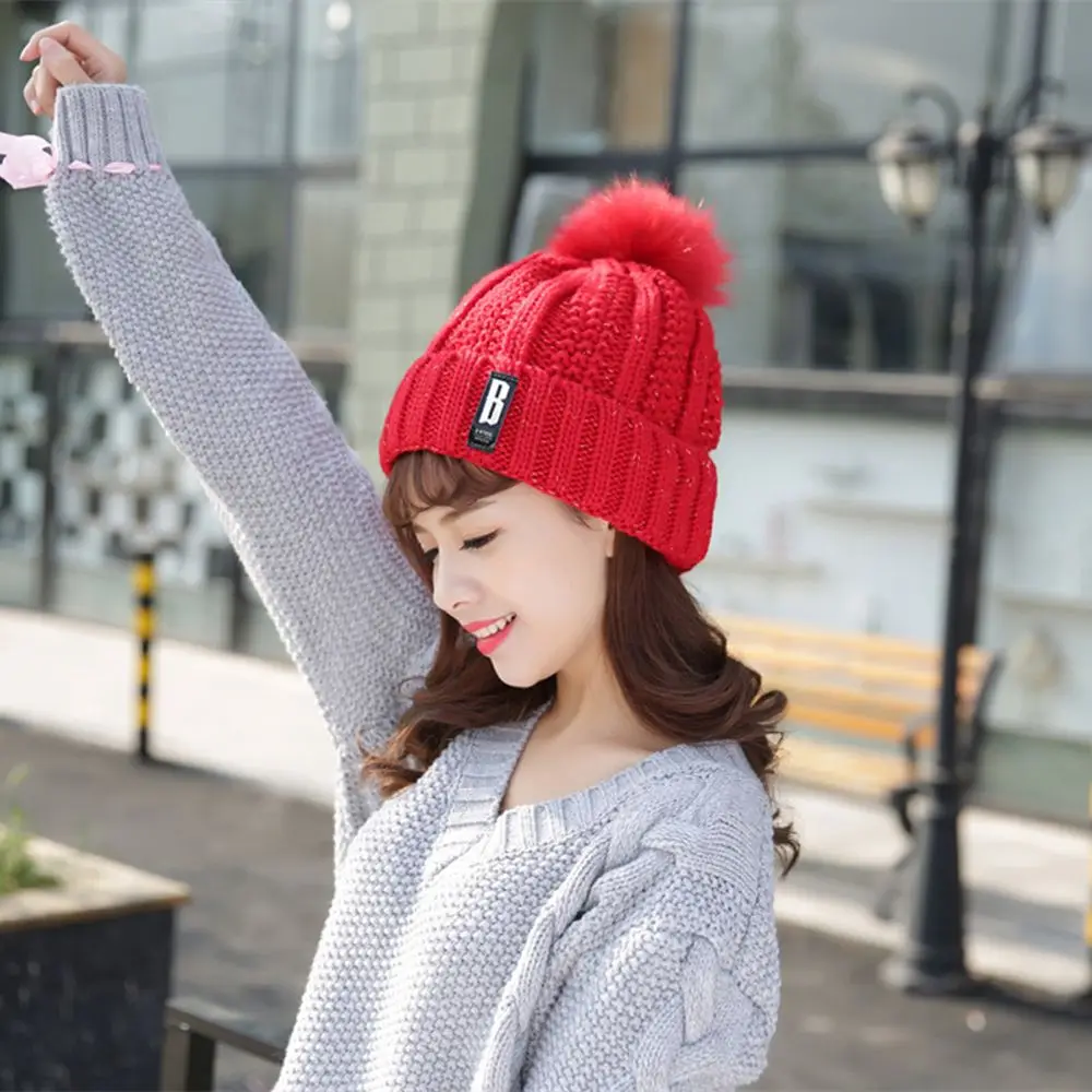 

Cute Women Girls Soft Wool Knit Cap Pompom Beanie Crochet Large Ball Bobble Ski Autumn Winter Warm Adjistable Hat 2016 New