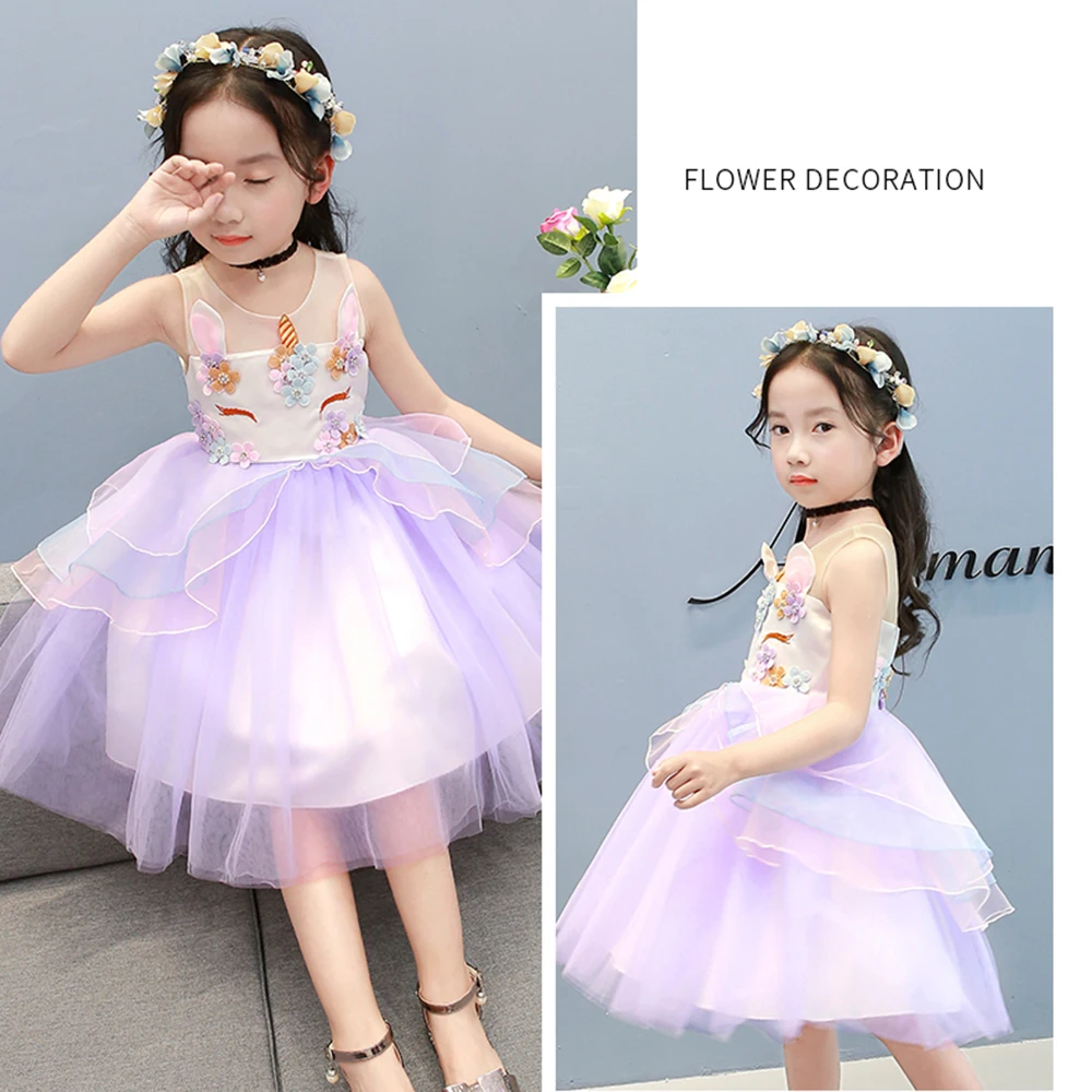 

Retail Girl Dress 2018 New Unicorn Embroidery Beading Gauze Princess Dress Children Clothes