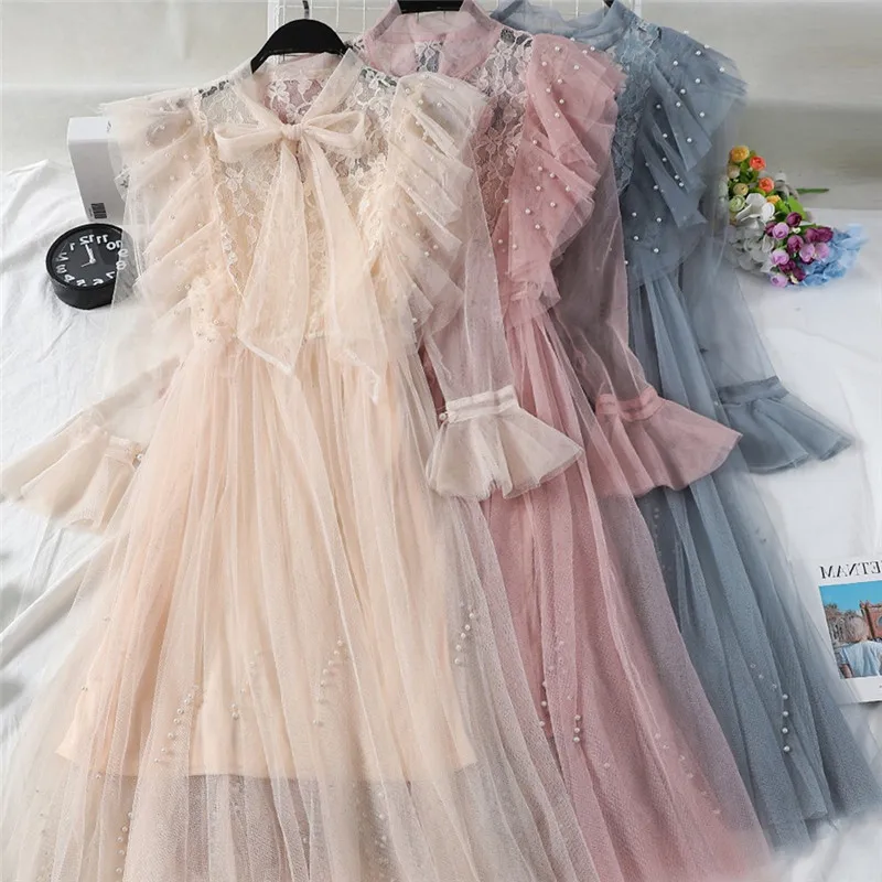 

2019 New Women Dress Long Sleeve Summer Beading High Waist Floral Mesh Dress Female Elegant Voile Lace Dresses Vestidos R239
