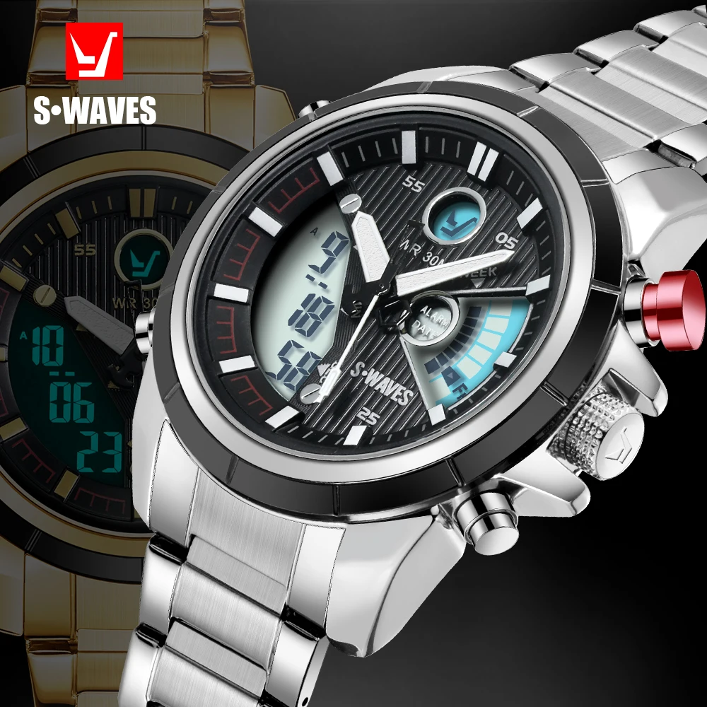 

SWAVES Luxury Brand Dual Display Watch Men Waches Quartz Casual Waterproof Digital Watch Big Electronic Clock Relogio Masculino