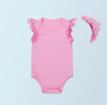 

2PC per Set Solid Pink Baby Girl Clothes Infant Princess Lace Angel Romper Infant Girl Outfit Crown Headband for 0-24Months
