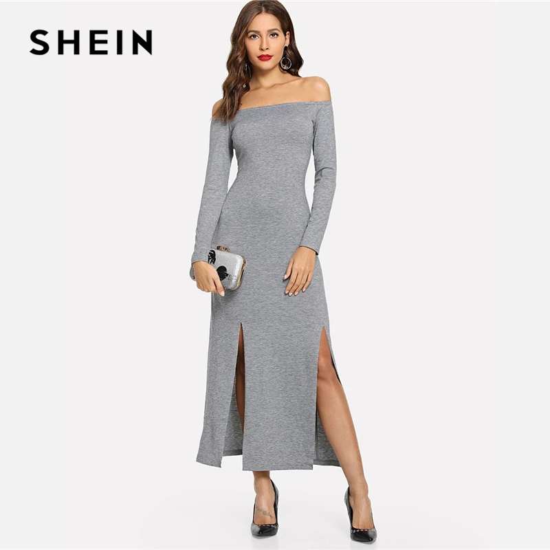 SHEIN Grey Off Shoulder Slit Hem Heathered Knit Dress Elegant Long