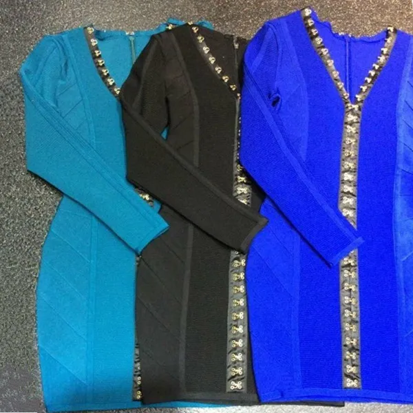 Top Qulaity Celebrity Black Blue Long Sleeve V neck Bodycon Rayon Bandage Dress Party Fashion Dress