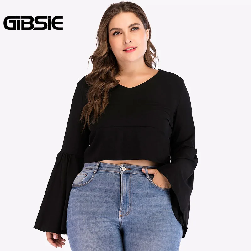 GIBSIE плюс Размеры женская одежда v-образным вырезом молния Назад галстук-бабочка футболка Для женщин 2018 осень Мода Flare черного цвета с