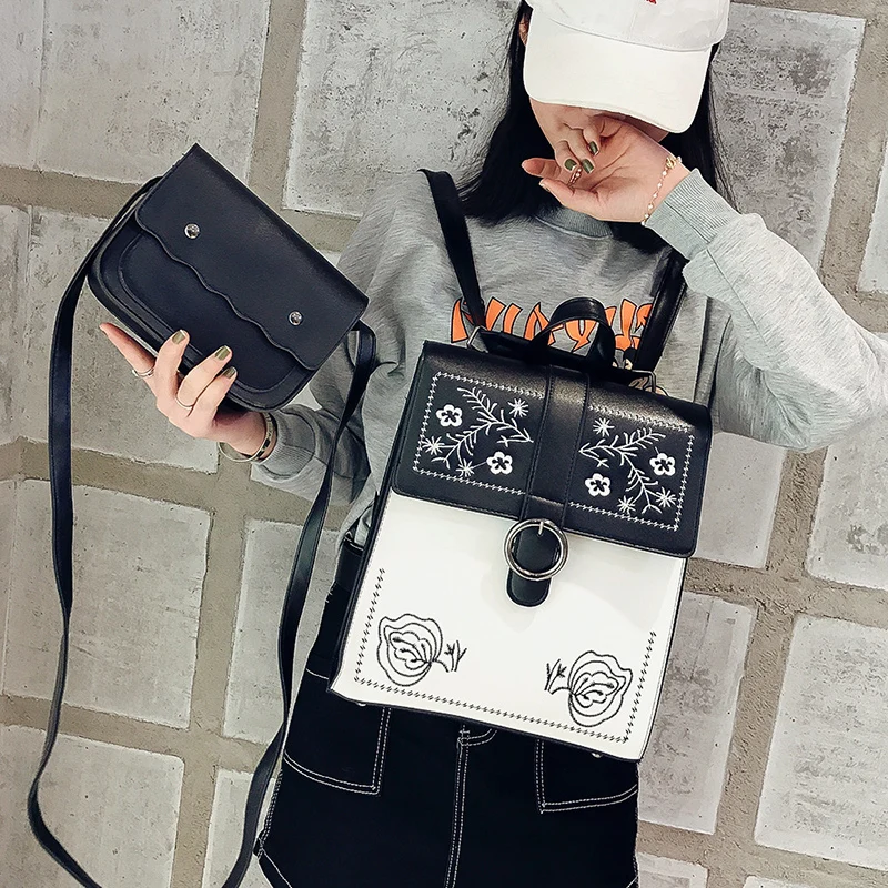 

Fashion Women Backpack High Quality Two Sets Embroidered Pu Leather Backpacks Teenage Girls Female School Backpack Shoulder Bag