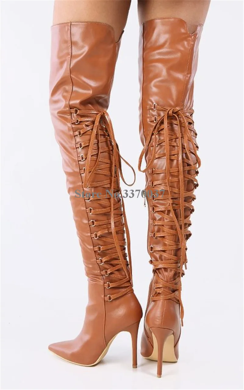 Punta Estrecha Fino Volver Botas Señoras Zapatos De Cuero Marrón Encaje Nueva Gladiador Moda Largo Talón Vestido 00n7UXY