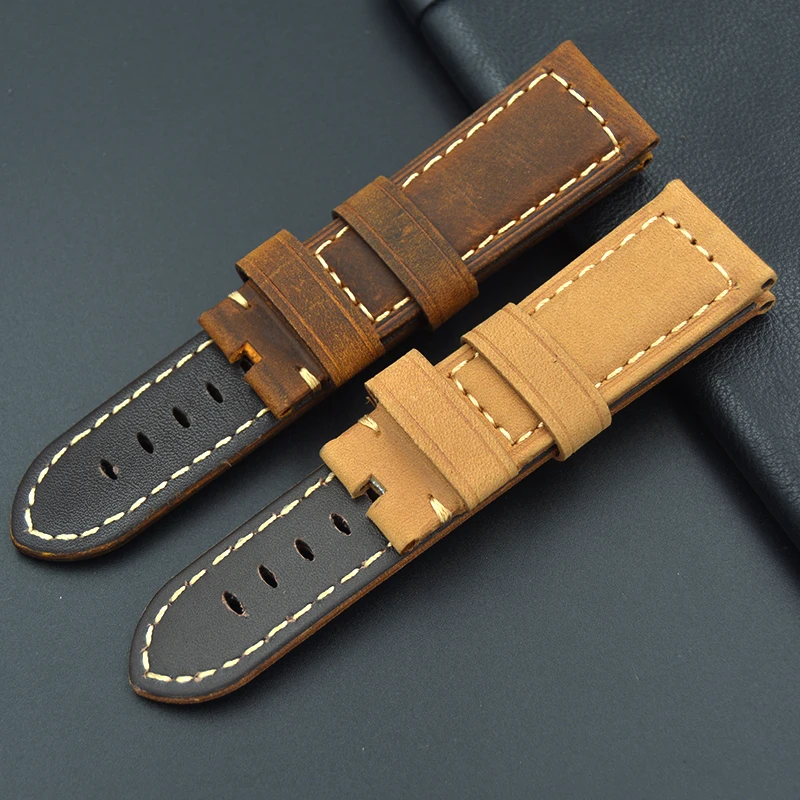 Retro light brown 22mm 24mm Handmade Vintage Genuine Leather Watch Band Strap No buckle ...
