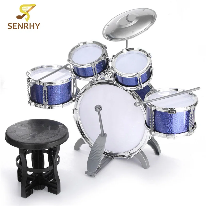 

SENRHY Blue Children Kid Musical Instrument Drum Set Kit With Stool Sticks Cymbal Gift Musical Percussion Instruments Present
