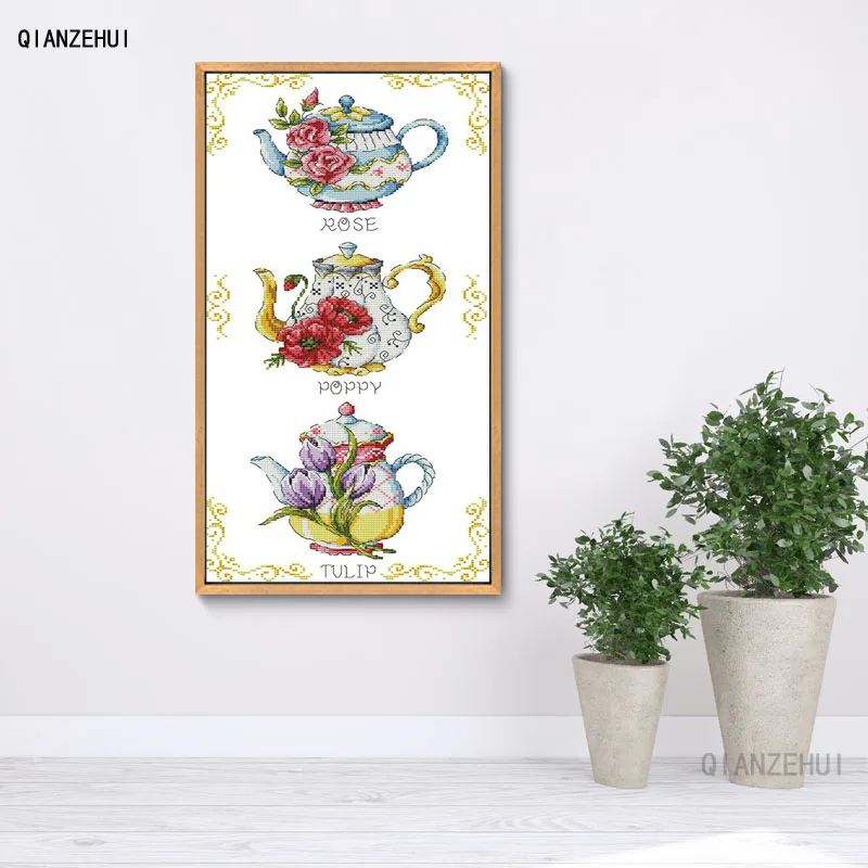 

QIANZEHUI,Needlework,DIY Teapot Cross stitch,Sets For Embroidery kits three Teapot Cross-Stitch,Wall Home Decro
