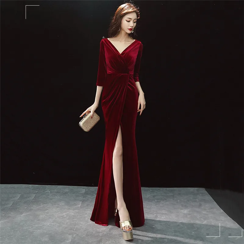 Темно-красные вельветовые сексуальные с глубоким v-образным вырезом, с коротким рукавом, с разрезом, длинное винтажное платье с модной талией, драпированные женские элегантные платья русалки для ночного клуба