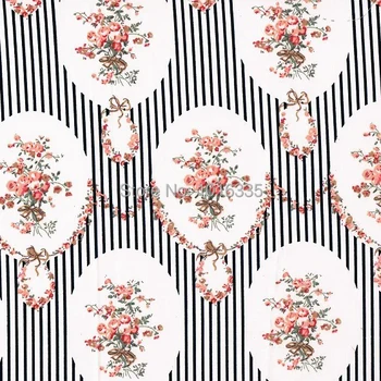 

New Width 145cm Black Stripe Floral100% cotton vintage fabric for patchwork ,Printed Poplin fabric $18= 2 meters