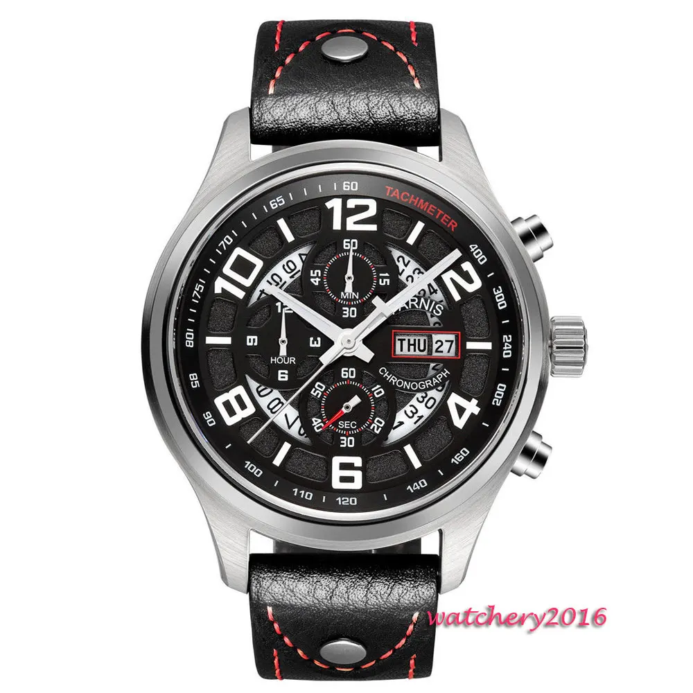 

NEW 43mm PARNIS black dial Steel Case Complete Calendar Luxury Brand Week Display Chronograph quartz movement Men's Wristwatches