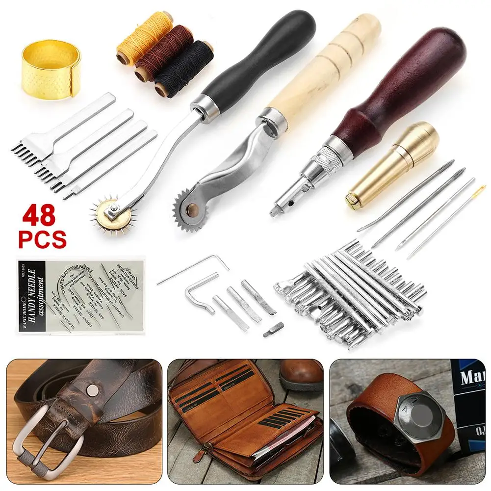 

48Pcs Leather Craft Tools Hand Sewing Stitching Carving Work Saddle Punch Kit Hot