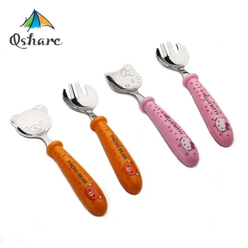 

Qshare Tableware Baby Food Feeding Hello kitty Cartoon Infant Utensils Kids Cutlery Baby Spoon Fork Safety Stainless Steel