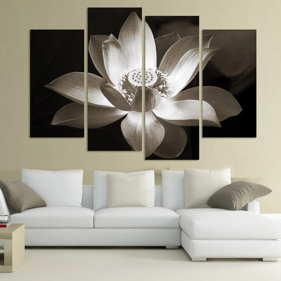 4panel Modern Wall Art Home Decoration Printed Picture Flower Painting Canvas Poster Black And White Simple Lotus Flower Canvas Poster Poster Black And Whitepicture Flower Aliexpress
