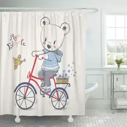 Душа Шторы с крючками мальчик милый медвежонок езда на велосипеде мультфильм Детские торжества приветствие и питомник девушка