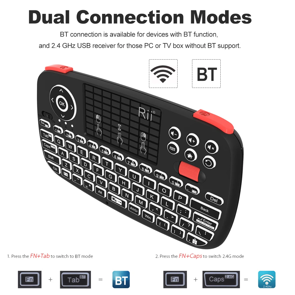  Rii i4 Mini Bluetooth Keyboard 2.4GHz Dual Modes Handheld Fingerboard Backlit Mouse Touchpad Remote