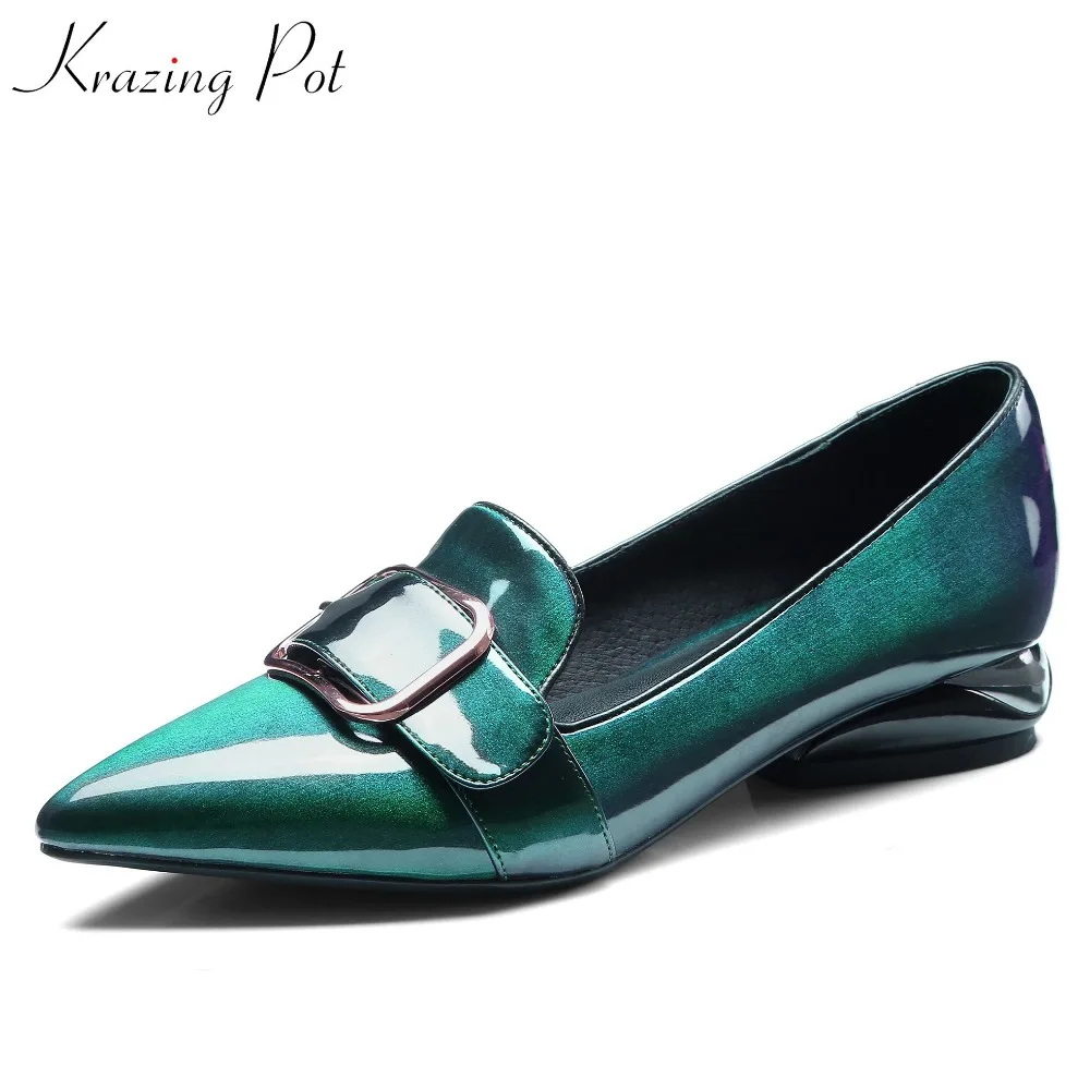 Krazing pot pop 2018 hot sale summer retro metal buckle pointed low heels microfiber solid slip on mature women pumps shoes L22