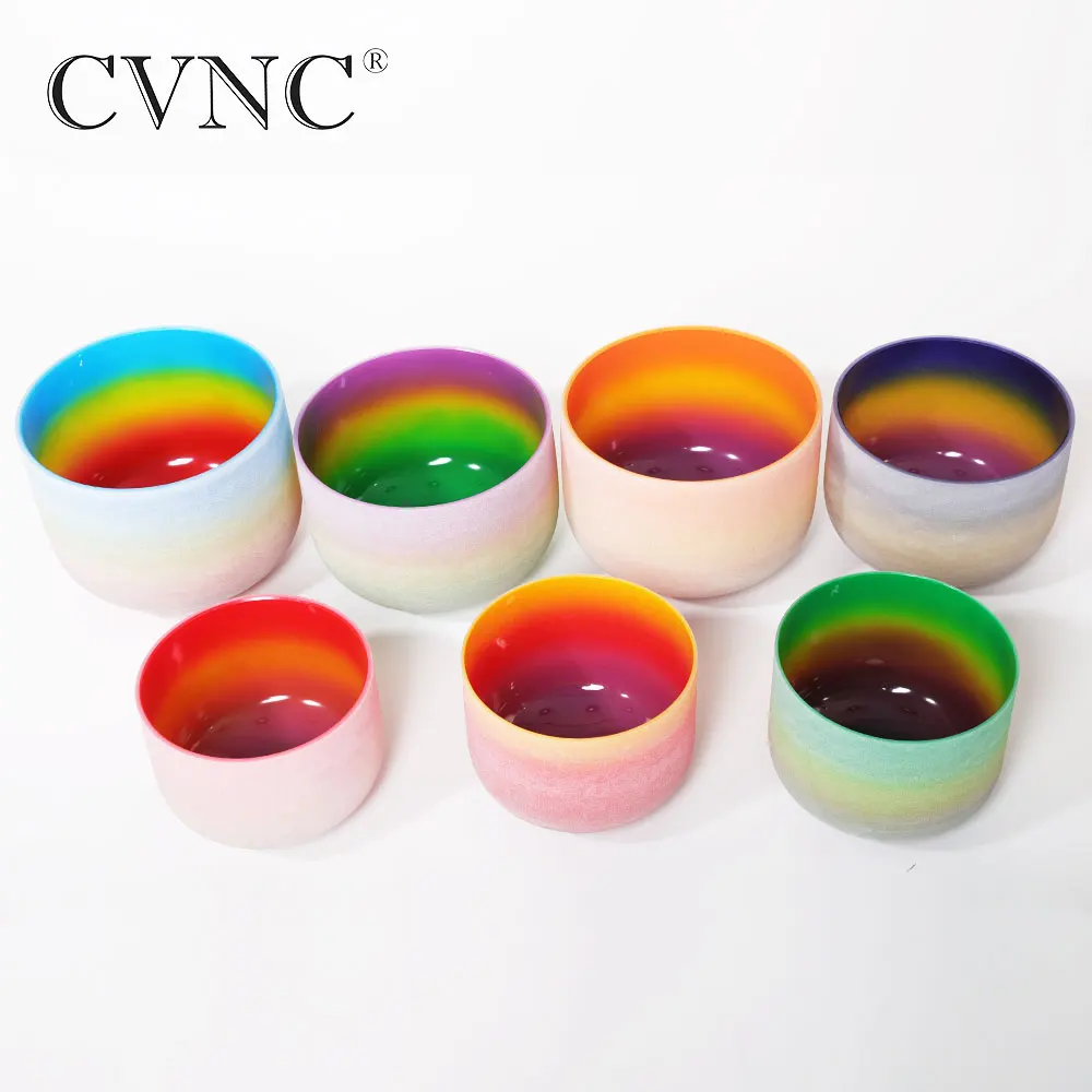 

Chakra tuned set of 7pcs 8"-14" rainbow color Frosted Quartz Crystal Singing Bowl for sound therapy