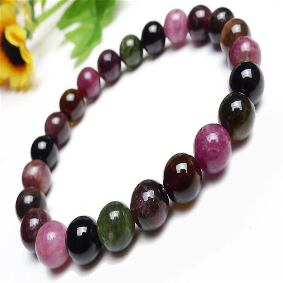 

Drop Shipping 8mm Just One Women Female Genuine Natural Tourmaline Gems Stone Coloful Charm Stretch Crystal Round Bead Bracelet