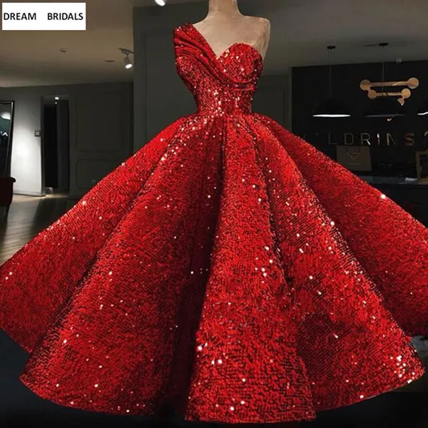 Красный блестками Elie Saab арабский официальный Вечерний платья Длинные Abendkleider одно плечо оборками бальные платья выпускные платья - Цвет: Red Floor Length