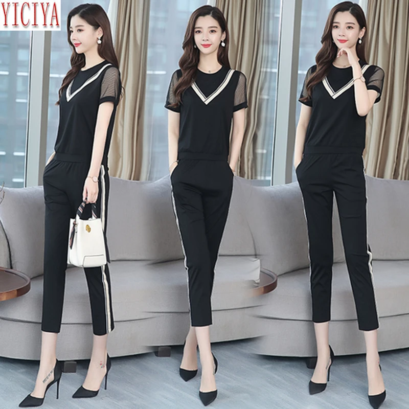 

Suit Female Trouser with Stripes 2020 New Summer Fashion Women's Sets 2 Piece Matching Set Outfits Pant and Top Black Clothing