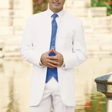На заказ белый жених мужской смокинг костюмы с синий жилет, заказ белый смокинг, с учетом длинный участок без воротник мужские костюмы