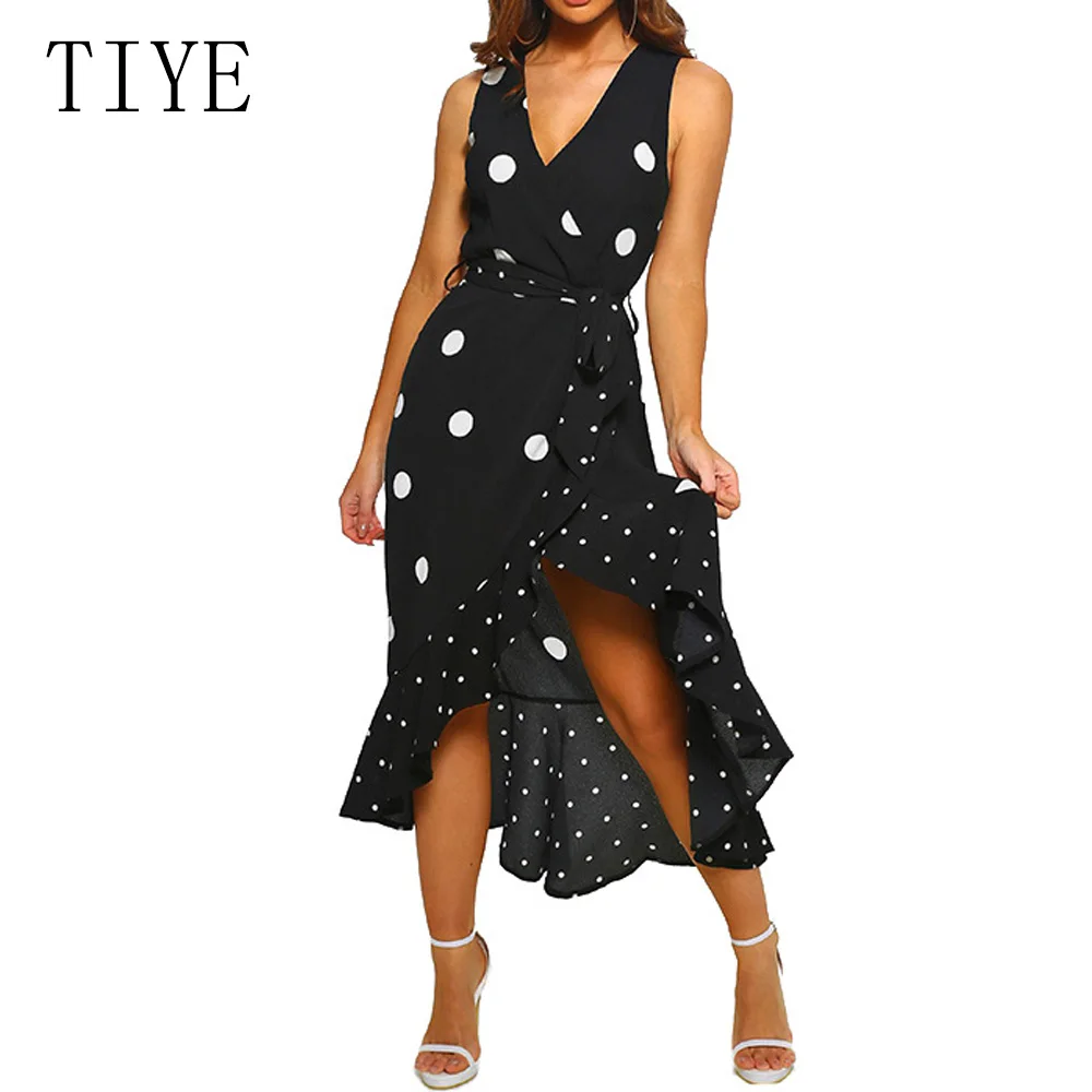 

TIYE Women Casual V Neck Vintage Irregular Ruffles Long Dress Polka Dot Elegant Summer Beach Party Maxi Dress Female Vestidos