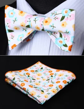 

Classic BMF105NS White Orange Floral Bowtie Men Cotton Self Bow Tie handkerchief set Pocket Square Wedding Party