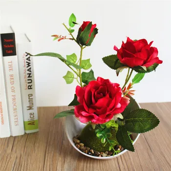 

Fashion Artificial Rose Silk Flowers 3 Flower Head Leaf Garden Decor DIY Bonsai