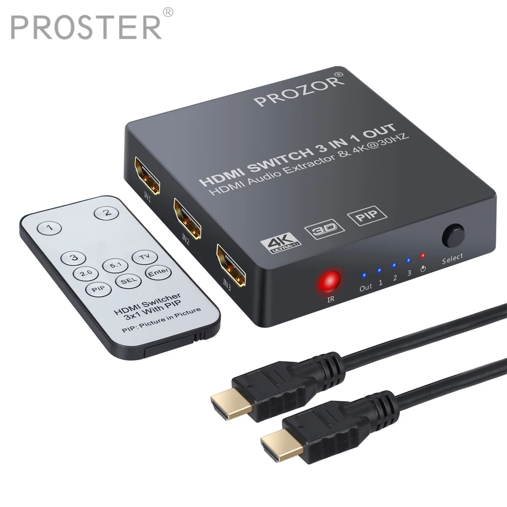 

PROSTER HDMI Audio Extractor 3x1 HDMI Switch Audio Extractor Converter Analog Optical Toslink SPDIF Output IR Remote Control