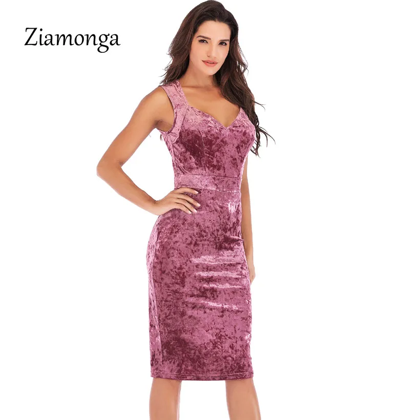 

Ziamonga Sexy Sleeveless V-Neck Bodycon Midi Nightclub Dress Women Velvet Dress Sheath Pencil Party Dresses Vestidos De Festa