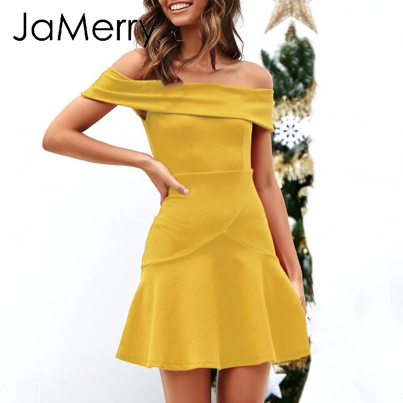 JaMerry винтажное элегантное женское платье с открытыми плечами однотонное