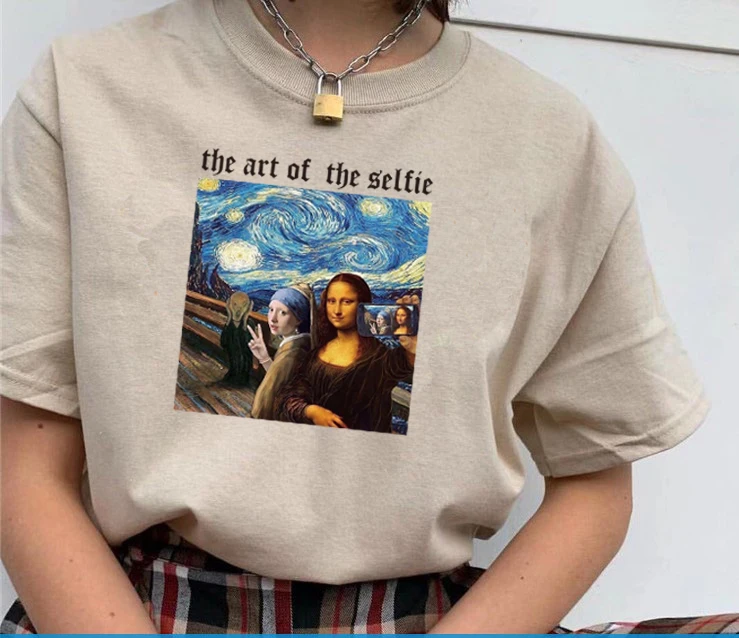 Günstige Fashionshow JF Het Meisje Erfüllt De Parel Mona Lisa Starry Nacht Kunst Gedruckt T Shirt Frauen Kurzarm Van gogh Da Vinvi T Tops
