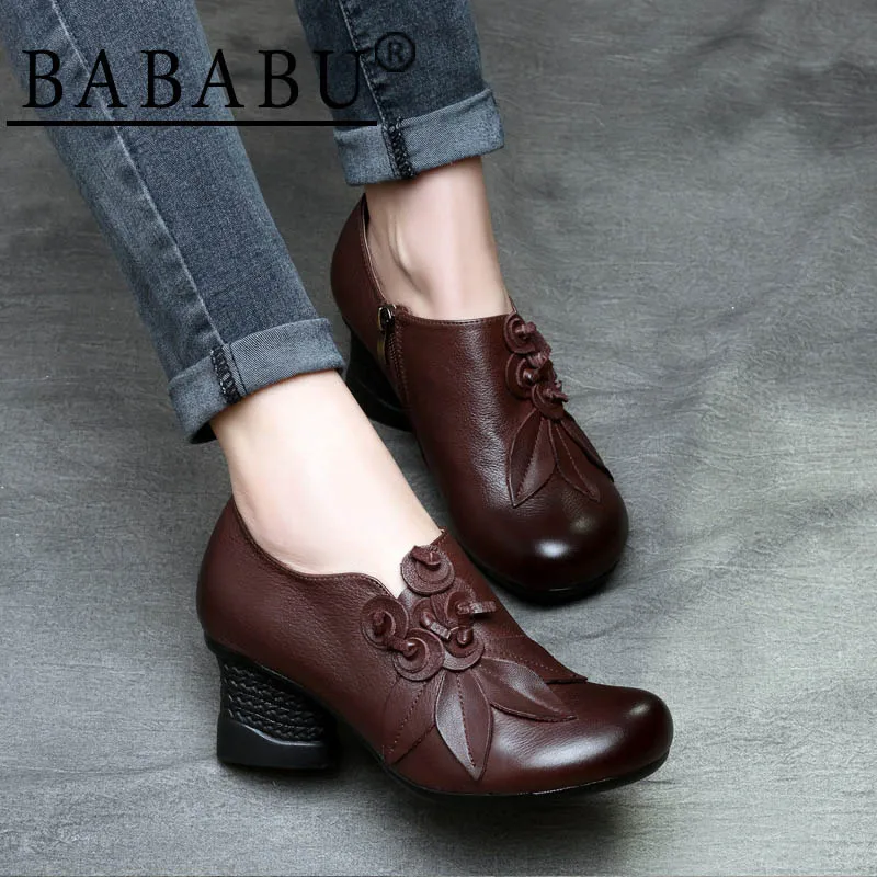 

Chinese Style Retro Medium Heel Women Dress Shoes Handmade Zip Vintage Genuine Leather Soft Soles Hoof Heel Pumps Autumn&Spring