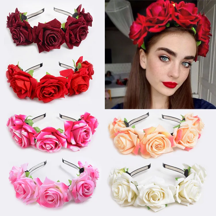 Boho Women/Girls Wedding Red Rose Flower Crown Bride Wreath Floral Garlands Bridal Headwear Bridesmaid Headband Hair Accessories