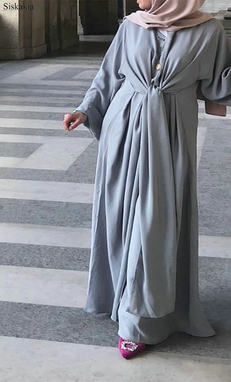 Siskakia Solid Muslim O-Neck Long Sleeve Bandage Robes Abaya Women Turkish Dubai High Waist Loose Female Abaya Casual Elegant  (2)