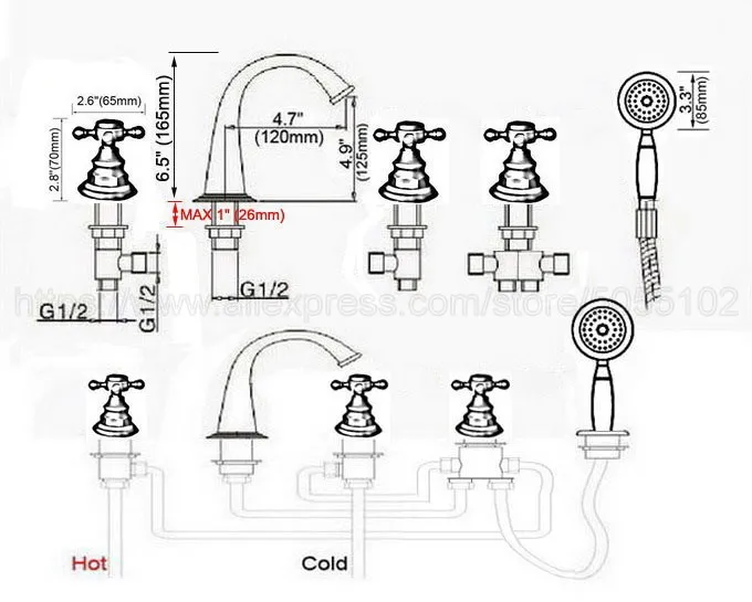 Bathroom Bathtub Faucet Antique Red Copper 5 Hole Bathroom Faucet Set Hot Cold Mixer Tap with Handheld Shower ztf240