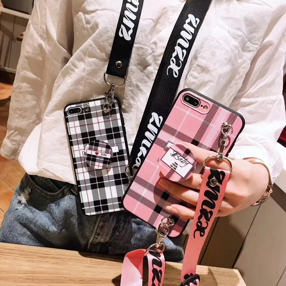

SANGOLD Fun Cute Mobile Phone Case For XS MAX XR X 7 8 6 6S Plus Simple Grid Stripe Fashion Phone Cover Cases With strap female