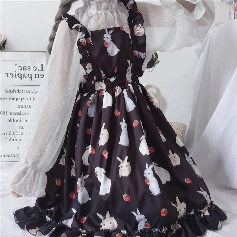 

Sweet Dress Women Strawberry Rabbit Printed Sleeveless High Waist Dress 2019 Japanese New Cute Dress Female