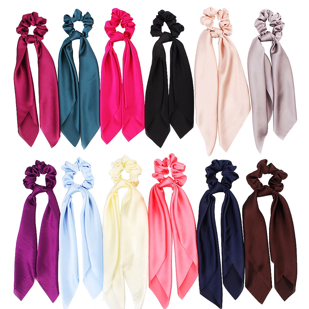 summer Ponytail Scarf Elastic Hair Rope for Women Hair Bow Ties Scrunchies Hair Bands Flower Print solid Ribbon Hairbands