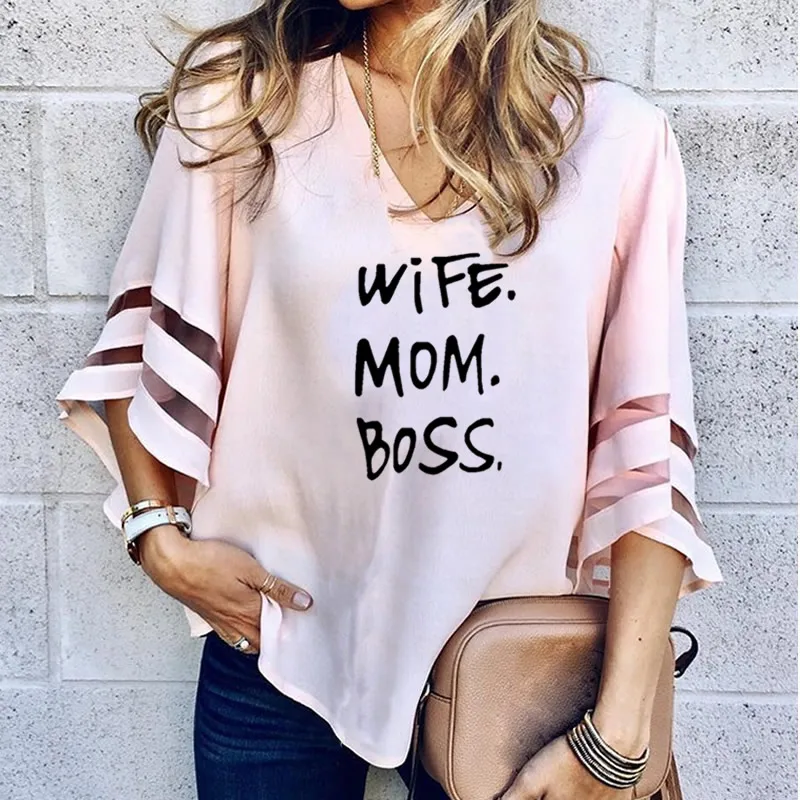 2021 Новая мода жена принт &quotMOM BOSS&quot Топы футболка женский свободный сетки