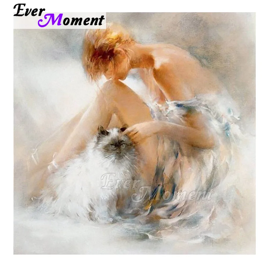 Ever Moment Diamond Painting Woman White Dress Cat Full Square Drill Embroidery Decoration For Home Mosaic 3F1892 | Дом и сад