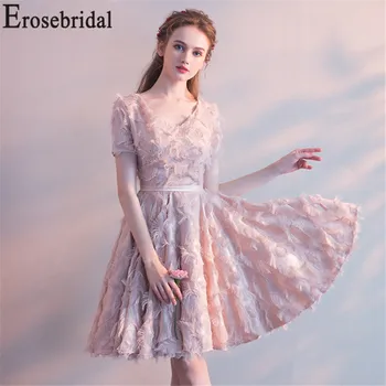 

2019 Tassel Short Prom Dress Pink White Formal Women Evening Party Gown with Short Sleeve Elegant Satin Belt