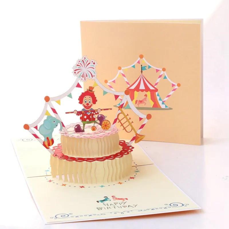 

Circus Birthday Card Gift Invitations Cartoon Clown Cake 3D Paper Thanks Greeting Card Girl Birthday Decoration Kids Boys Favors