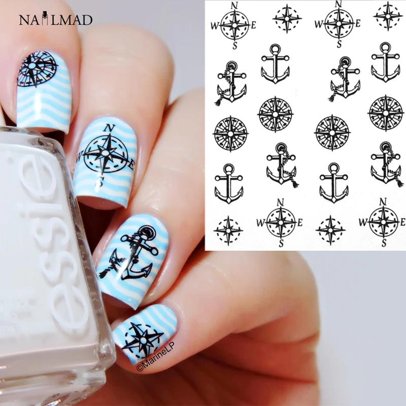 

1 sheet Compass Anchors Nail Water Decals Black Transfer Stickers Nail Art Sticker Tattoo Decals
