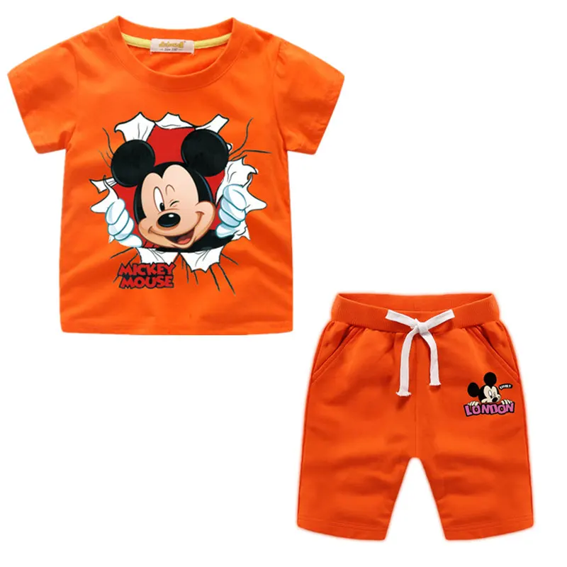 Летняя детская одежда хлопковая футболка с короткими рукавами и рисунком Микки Мауса топ+ шорты для отдыха комплект из 2 предметов, комплекты одежды для мальчиков и девочек, От 2 до 8 лет